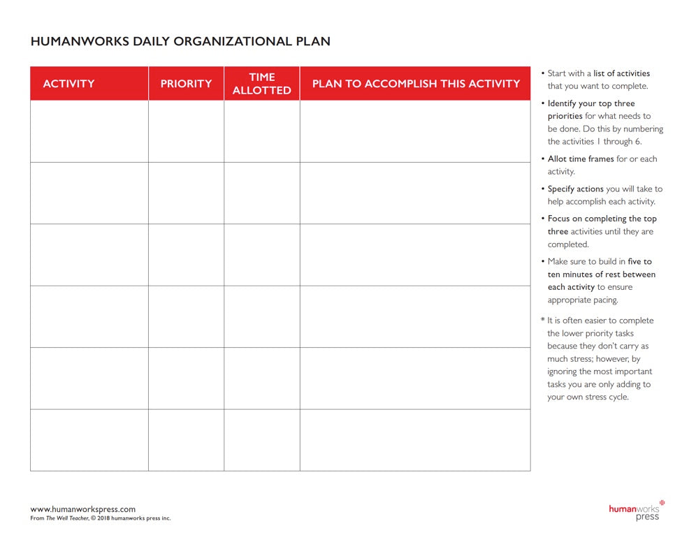 The Well Teacher | Daily Organizational Plan