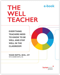 The Well Teacher e-book cover image. A donut-shaped circle sits on the mid-right side of the page, opposite subtitle "Everything Teachers Need to Know to Be Well and Stay Well in the Classroom". The donut-shape is coloured in equally-sized portions of deep purple, royal blue, azure blue, lime green, rich yellow, tangerine orange, bright red, and deep red - from which similarly coloured lines emanate to frame the subtitle. All set on a white background. 